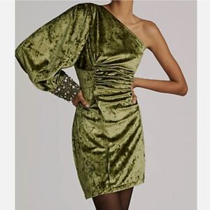 Anthropologie Nirmooha One Shoulder Velvet Mini Dress Green Size 14